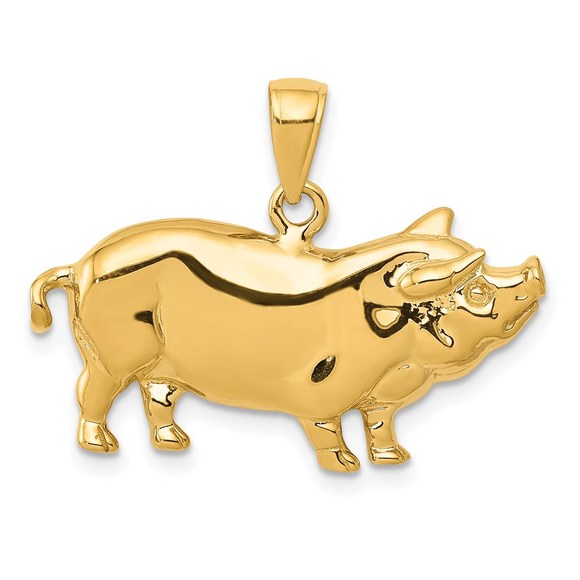 14k Yellow Gold Pot Belly Farm Animal Pig Piglet Necklace Charm Pendant - Picture 1 of 4